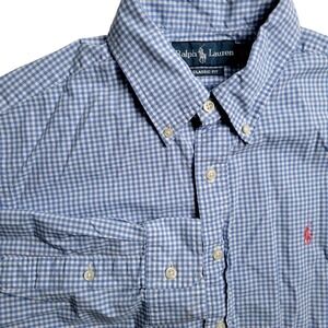Ralph Lauren Men's L Classic Fit Button Down Blue White Gingham Print Pink Logo